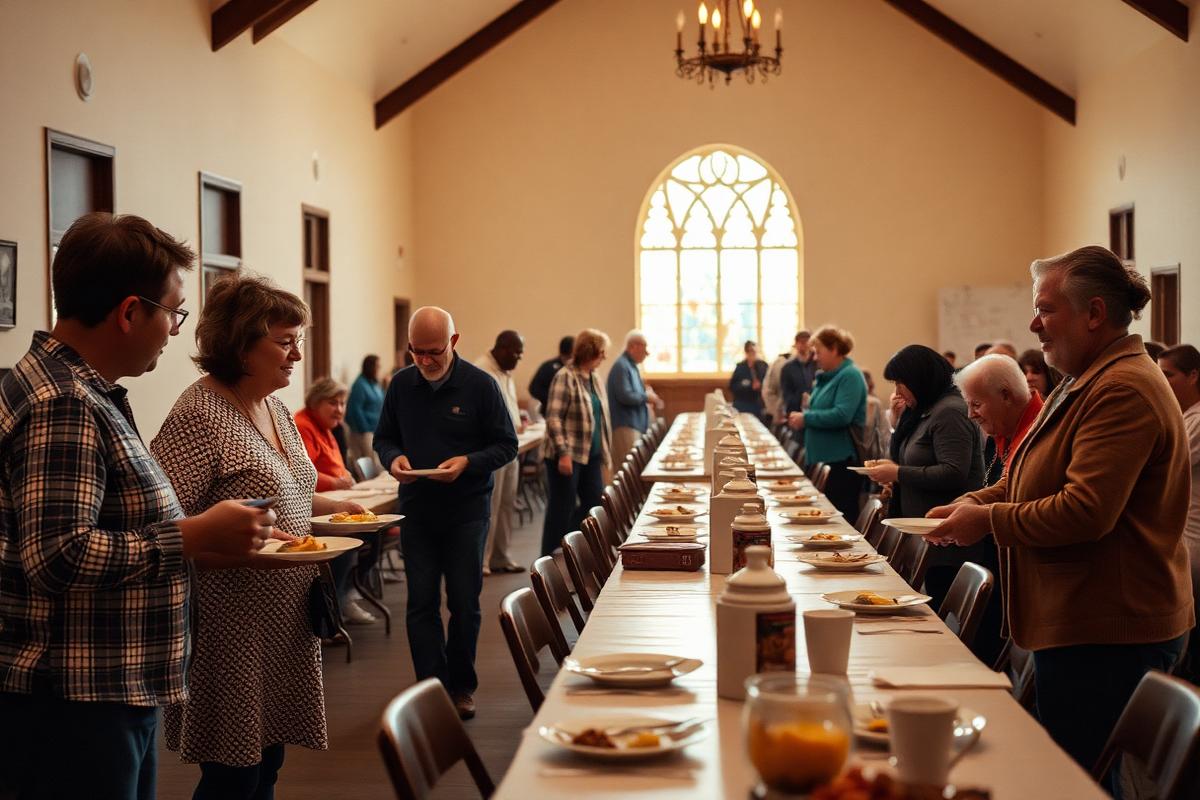 Volunteers serving plates at a community breakfast in a church hall