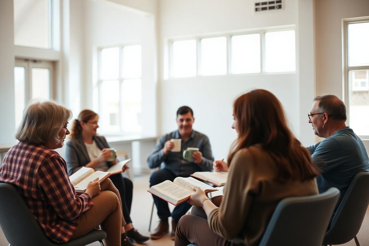 Adults gathered in a circle for a Bible study with open Bibles and coffee