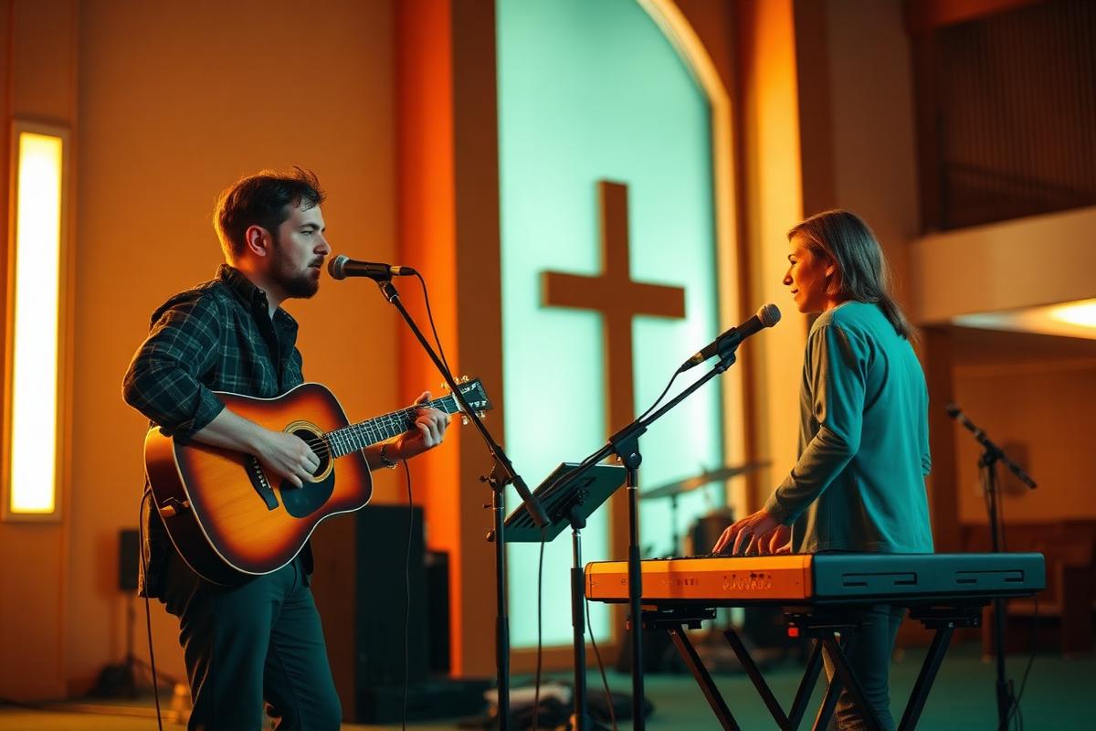 A praise band rehearsing with guitar and keyboard in a church sanctuary