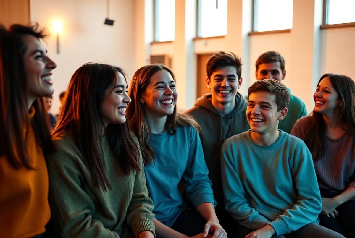 Teenagers laughing together at a church youth group gathering